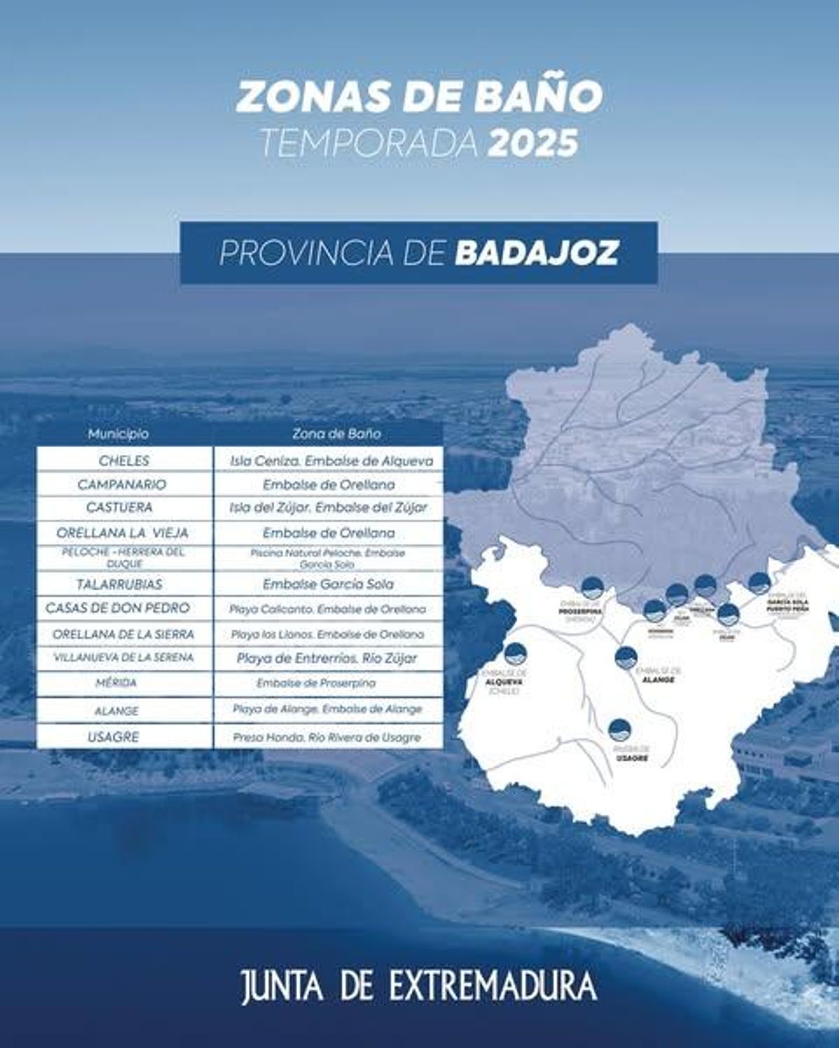 El mapa de zonas de baños autorizadas en la provincia de Cáceres.