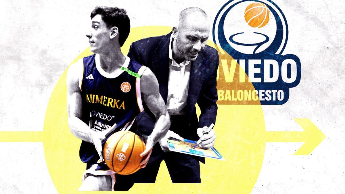 Raúl Lobaco y Javi Rodríguez, capitán y entrenador del Alimerka Oviedo Baloncesto