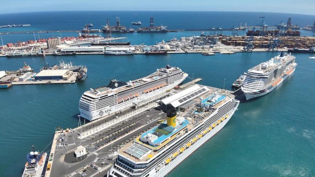 Imagen aérea del Muelle Santa Catalina con varios cruceros atracados.