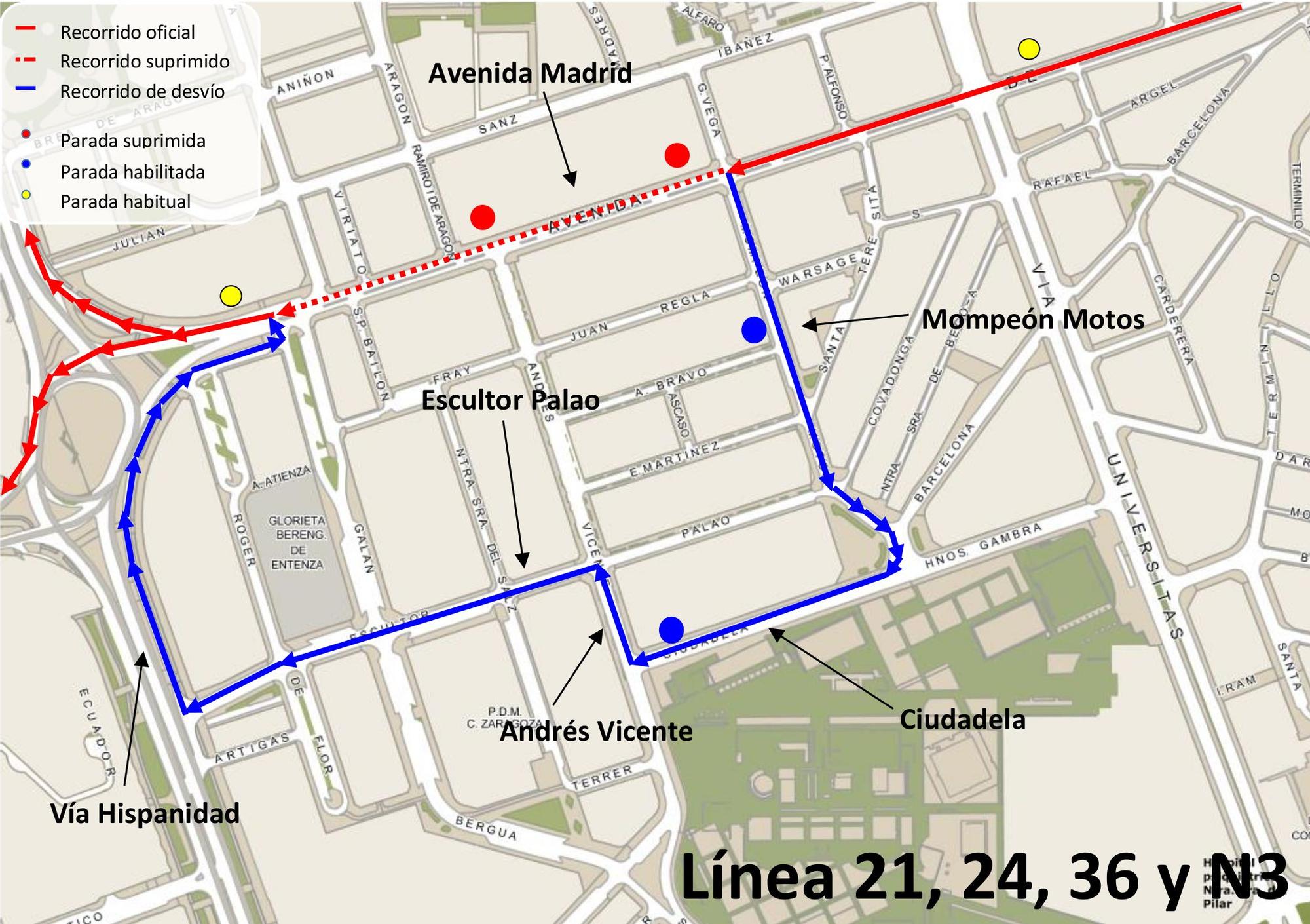 Plano del desvío de varias líneas de bus a partir del lunes.