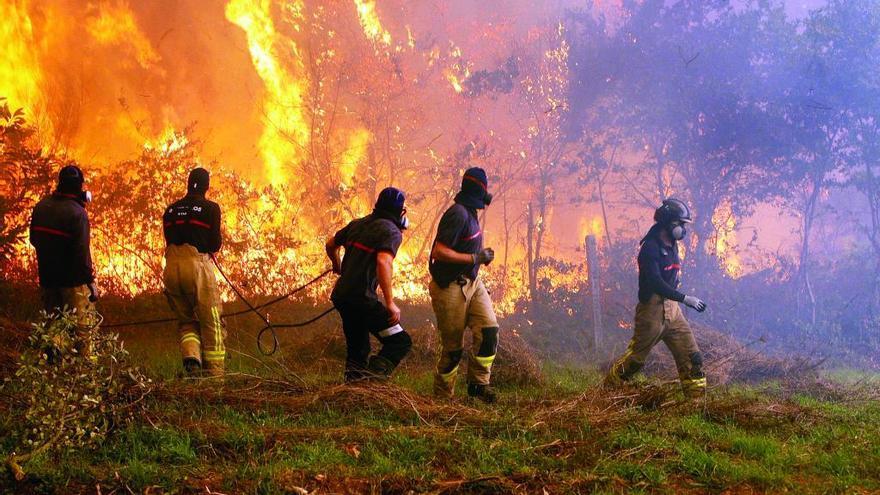 Operarios de los servicios de extinción de incendios trabaja en la zona de Zamans, Vigo.