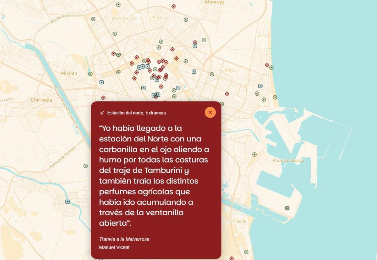 Un extracto del Mapa Literario de València con una cita de Manuel Vicent sobre la Estació del Nord.