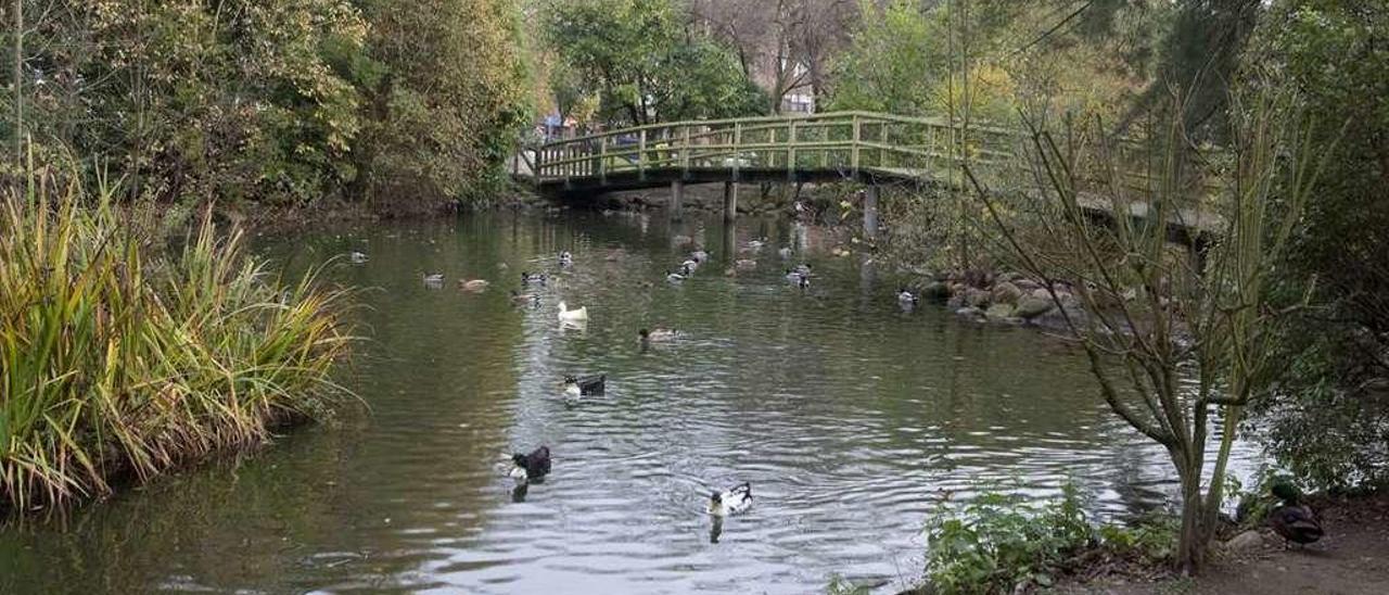 Estado actual del estanque del parque García Lago de La Felguera, con el puente cerrado.