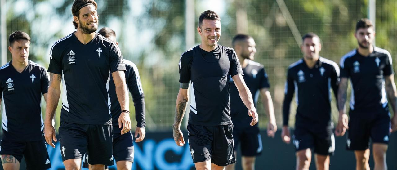 Paciencia y Aspas, en el entrenamiento de ayer.