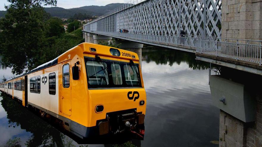 El Tren Celta que traza el trayecto entre Vigo y Oporto, junto con el puente internacional de Tui.