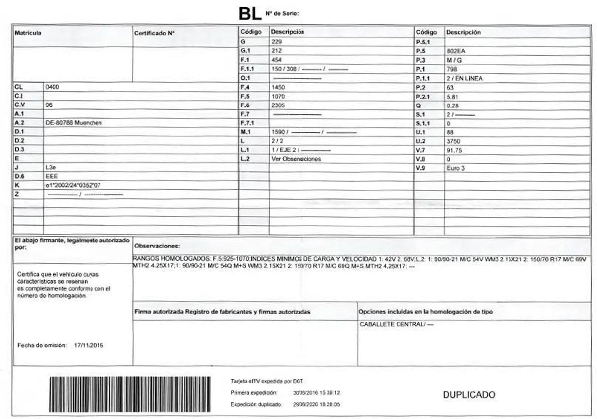 Ficha técnica de un vehículo sin rellenar