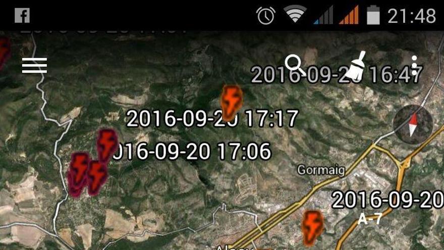 Mapa de rayos de la tormenta en el término de Alcoy