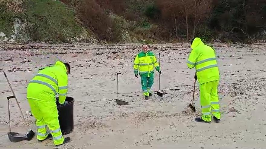 Operarios del Concello de A Coruña limpian la marea de pellets de resina en As Lapas