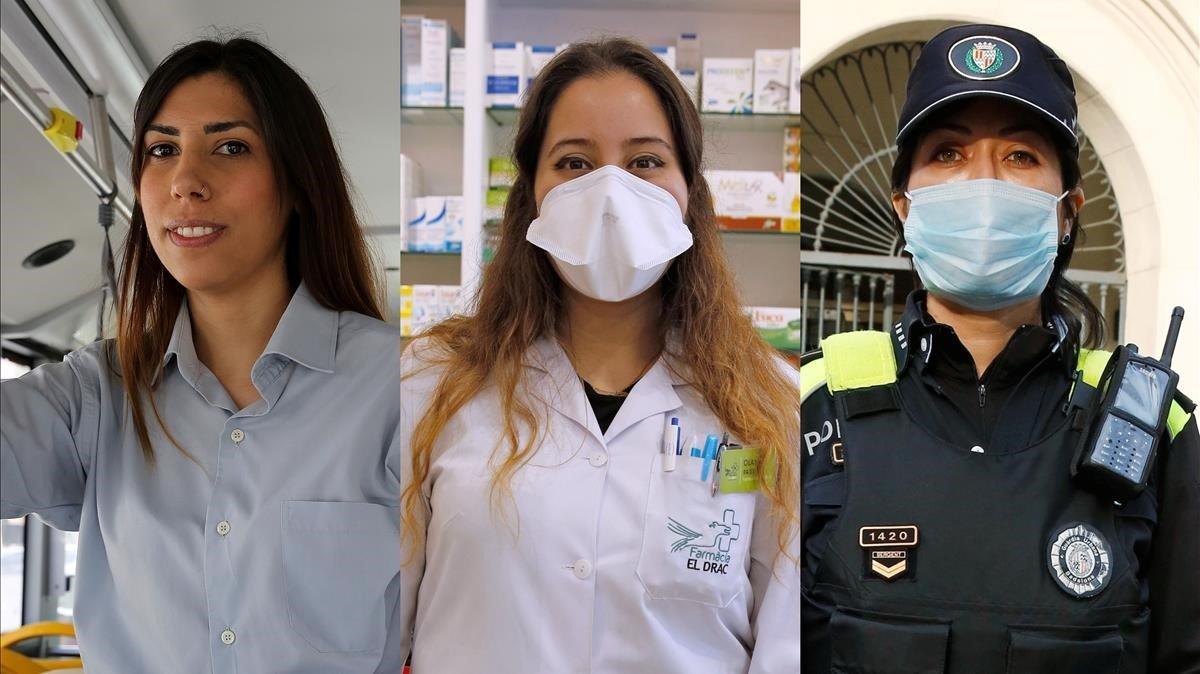 Sonia, Olaya y Priscilla, tres de las profesionales de servicios básicos que dan la cara por la ciudadanía durante el confinamiento.