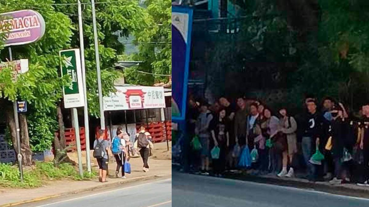 Fotografías clandestinas desde el interior de Nicaragua que muestra un punto de concentración para inmigrantes chinos en la población de Ocotal, cerca de Honduras. En la foto a la derecha, el puesto vacío con letras chinas, lo que prueba la implicación del Gobierno. A la izquierda, migrantes esperando en el mismo lugar.
