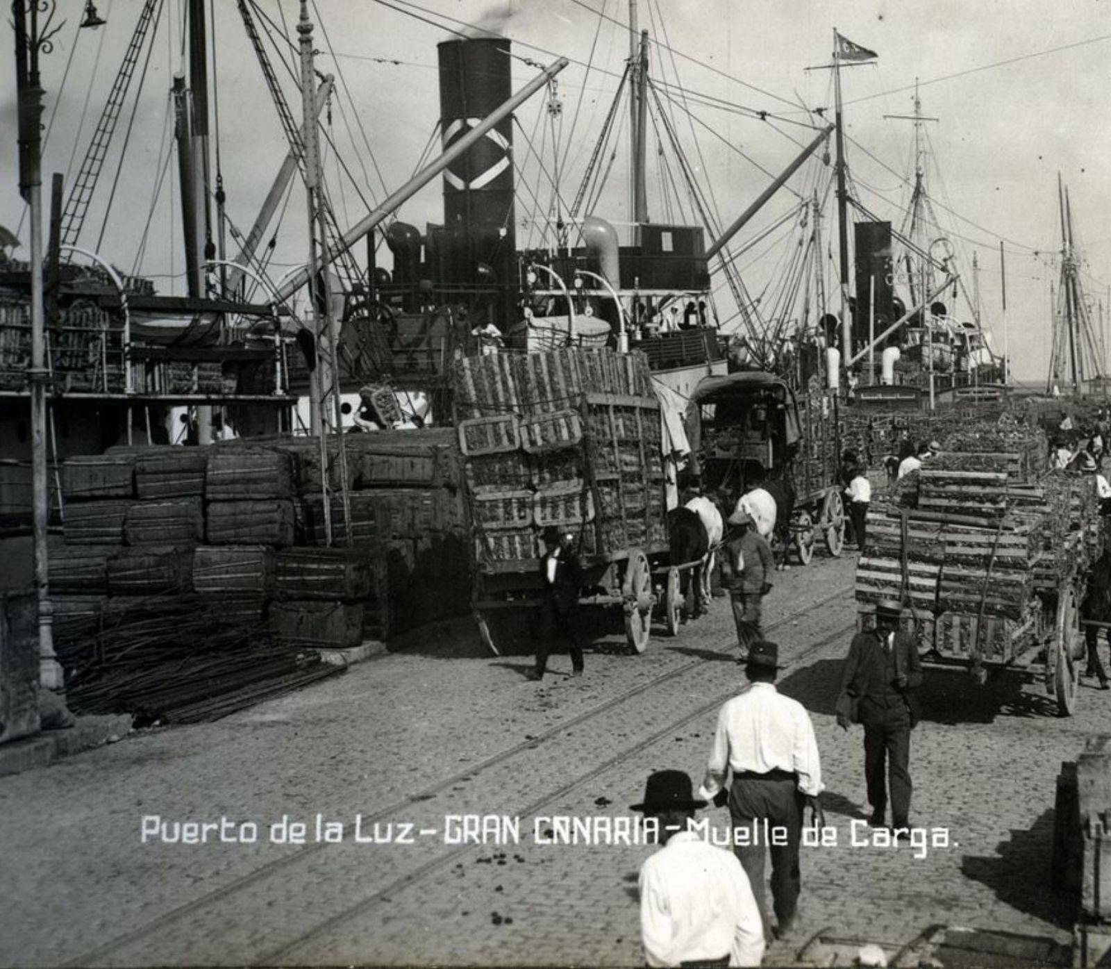Aspecto de los muelles del puerto de la Luz y Las Palmas con los barcos estibando fruta a principios del siglo XX.