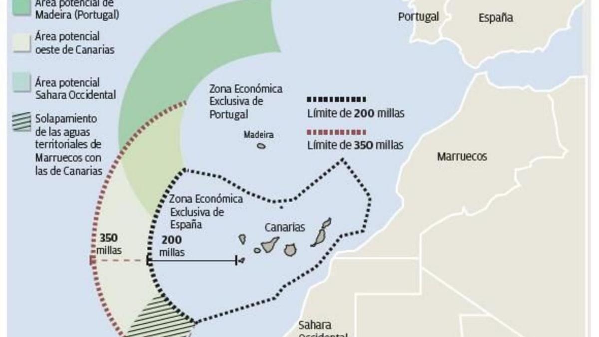Mapa aguas territoriales de Marruecos con las de Canarias, España