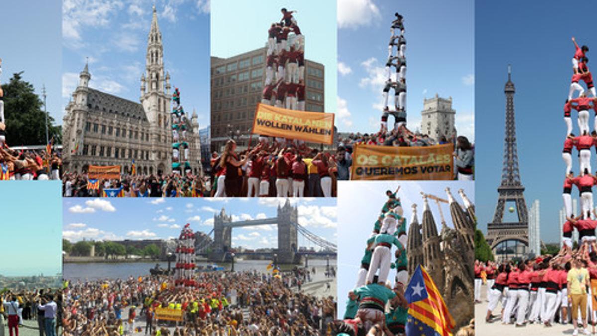 &quot;Catalans want to vote&quot;, 'castells' en ocho capitales europeas para reclamar el derecho a decidir el próximo 9 de Noviembre. De izquierda a derecha y de arriba abajo: Ginebra, Bruselas, Berlín, Lisboa, París, Roma, Londres y Barcelona.