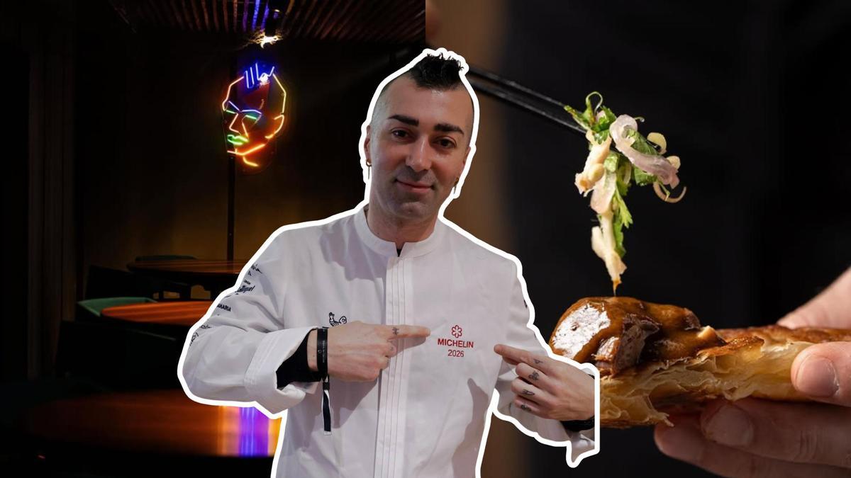 Diego Fernández, en el centro, con una imgen de su local y sus platos al fondo