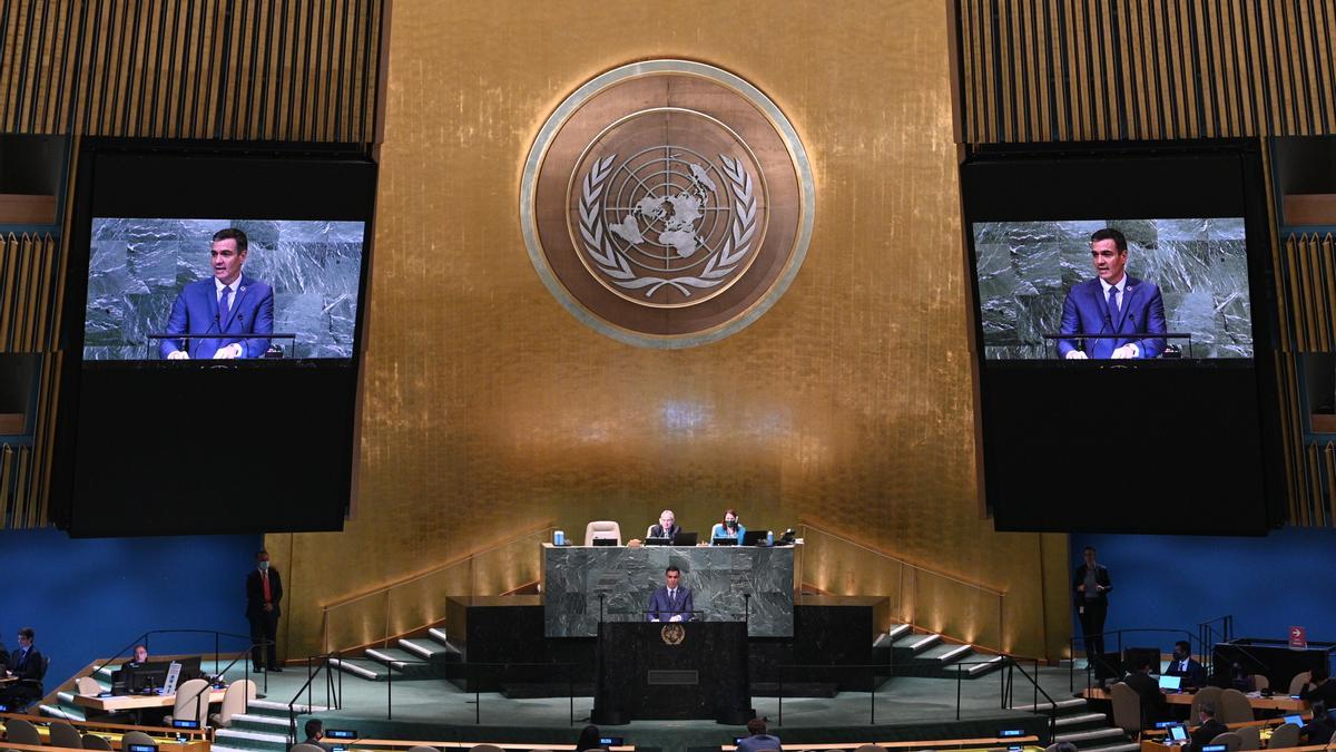 Pedro Sánchez durante su intervención en la Asamblea de la ONU.