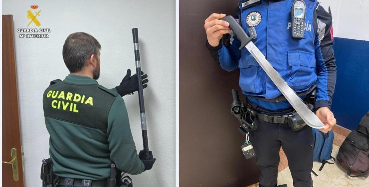 A la izquierda, bate incautado por la Guardia Civil en una actuación por un delito de amenazas en Valladolid. A la derecha, un machete intervenido por la Policía Municipal de Madrid en una pelea juvenil en 2024.