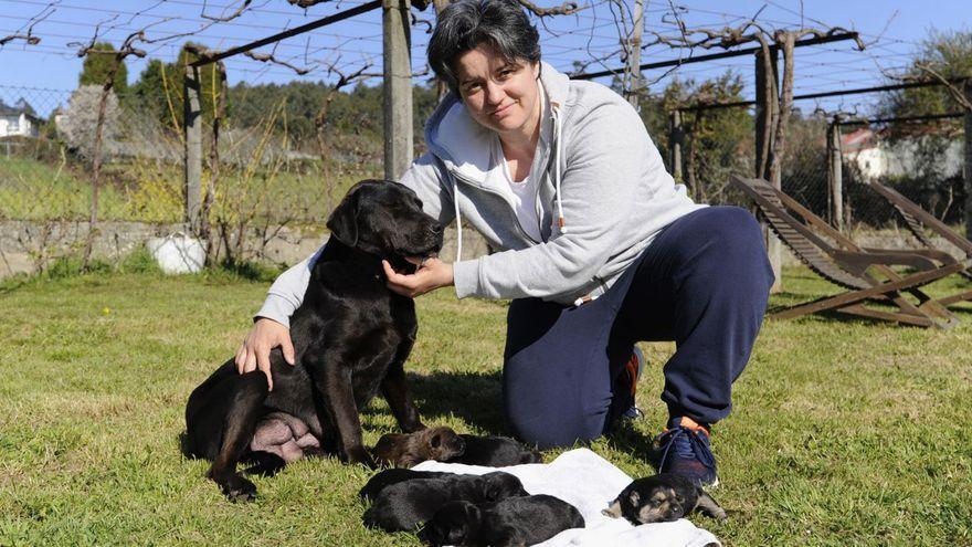 Ofelia Lema posa con Doce y sus seis cachorros.