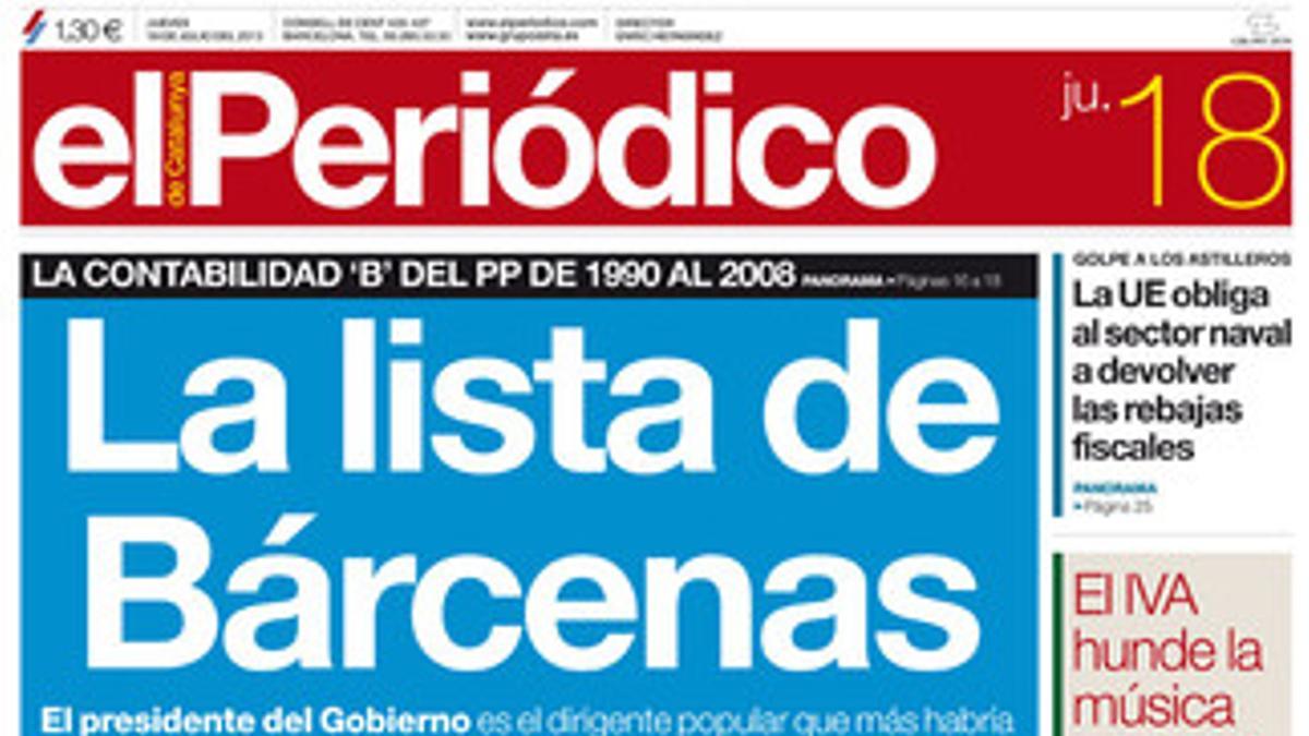 La portada de EL PERIÓDICO DE CATALUNYA del jueves, 18 de julio.