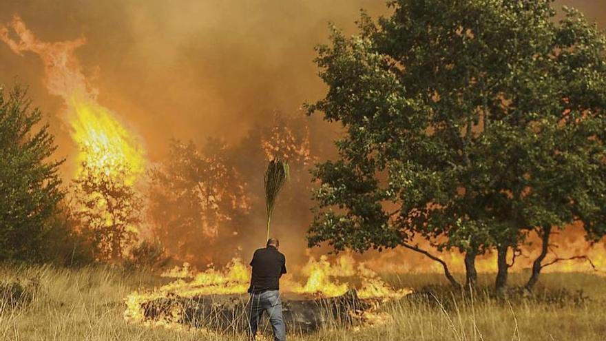 Un vecino intenta parar las llamas en el macroincendio de Cualedro.  // B.L.