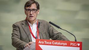 El primer secretario del PSC y candidato a las elecciones catalanas, Salvador Illa, este domingo en el cierre del congreso del partido.