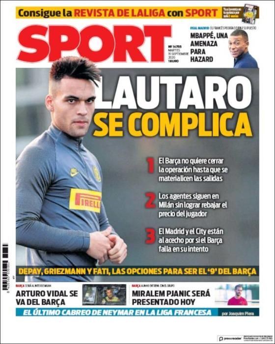 Portada SPORT martes 15 septiembre 2020