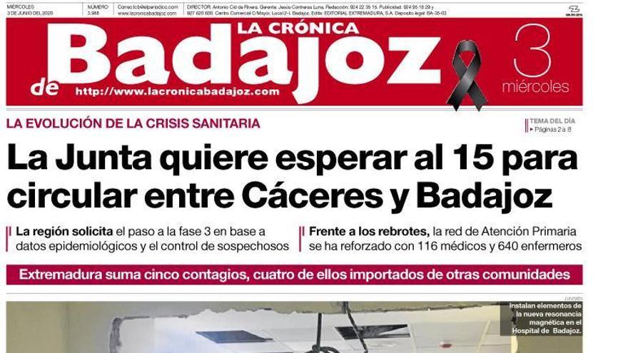 Esta es la portada de LA CRÓNICA DE BADAJOZ correspondiente al día 3 de junio del 2020