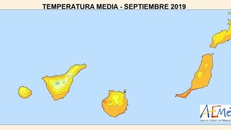 Mapa de temperatura media en Canarias en septiembre.