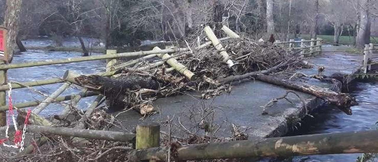 Los postes de un lateral de un puente están mezclados con ramas y troncos de árboles que arrastró la corriente sobre la pasarela. // Alfredo Rodríguez Arteaga