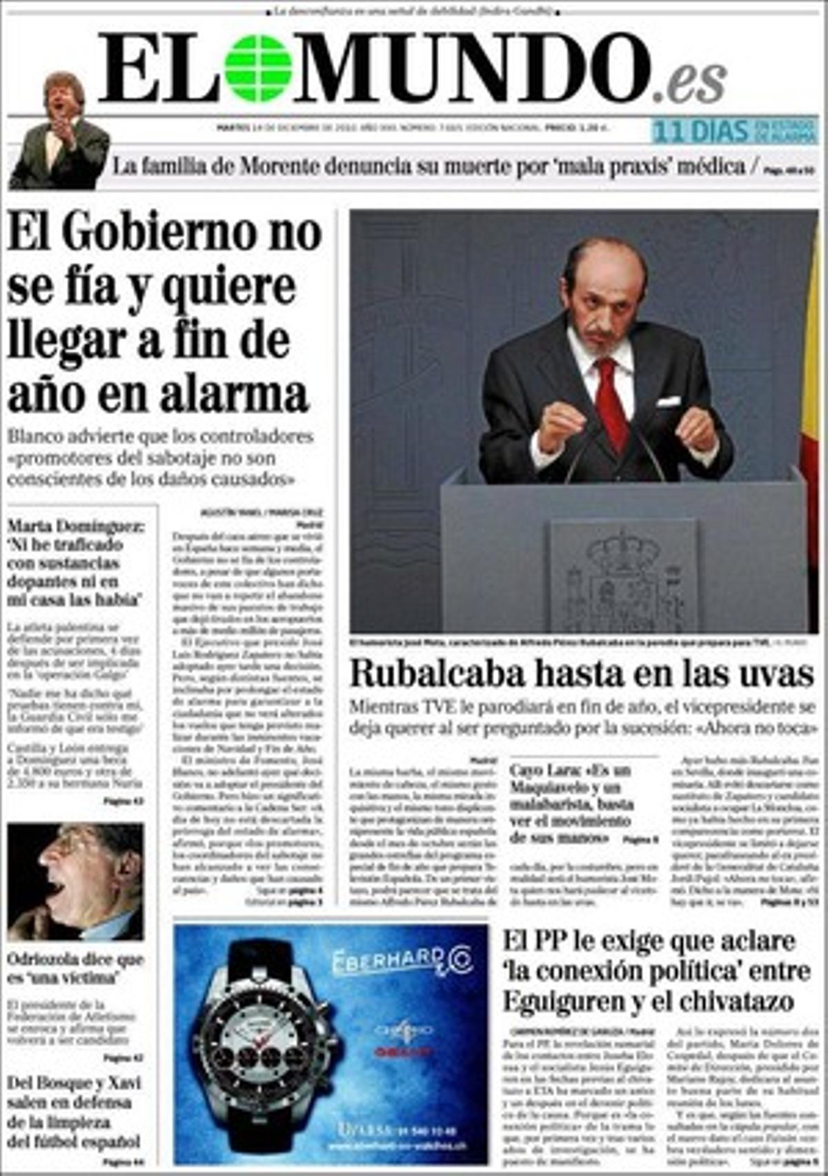 ’El Mundo’ també destaca a dins que la ministra Trinidad Jiménez dóna per tancada la polèmica per la repressió marroquina a Aaiun --Res canviarà la relació de la UE amb el Marroc-- el dia que els Vint-i-set firmen amb Rabat un nou acord agrícola i pesquer i que Alger commemora amb una cimera internacional els 50 anys de la Carta Magna de la Descolonització declarant que Espanya és encara responsable pel Sàhara. Explica a més que els espermatozoides s’utilitzen per combatre la diabetis i que Juan Rosell guanya pes en la carrera per presidir la CEOE, cosa que força els seus rivals Herrero i Banegas a unir-se.
