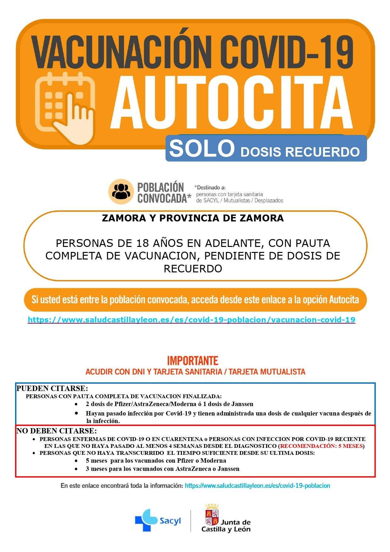 Vacunación COVID en Zamora para el 16 de junio. Tercera dosis para mayores de 18 años
