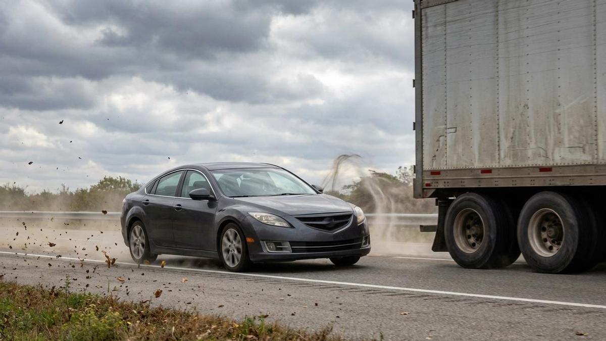 Coche adelantando a un camión golpeado por el viento