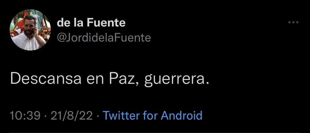 Tuit borrado de Jordi de la Fuente (Vox) lamentando la muerte de Duguina.