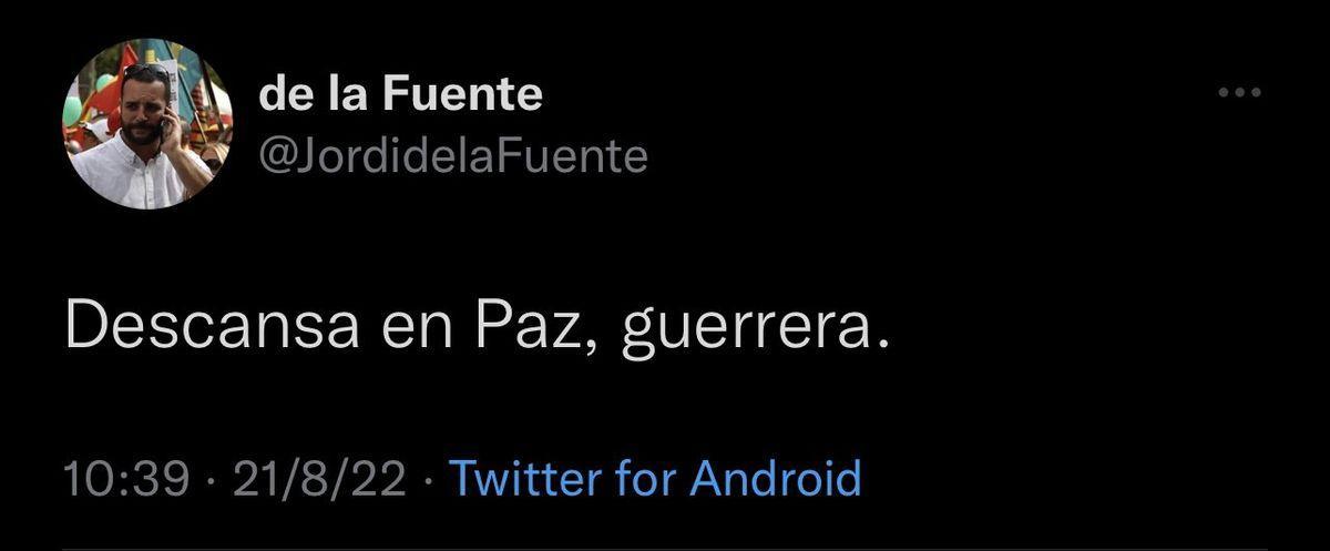 Tuit borrado de Jordi de la Fuente (Vox) lamentando la muerte de Duguina.
