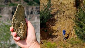 A la izquierda, herramienta de piedra hallada en el yacimiento de Korolevo. A la derecha, un arqueólogo explorando el terreno.