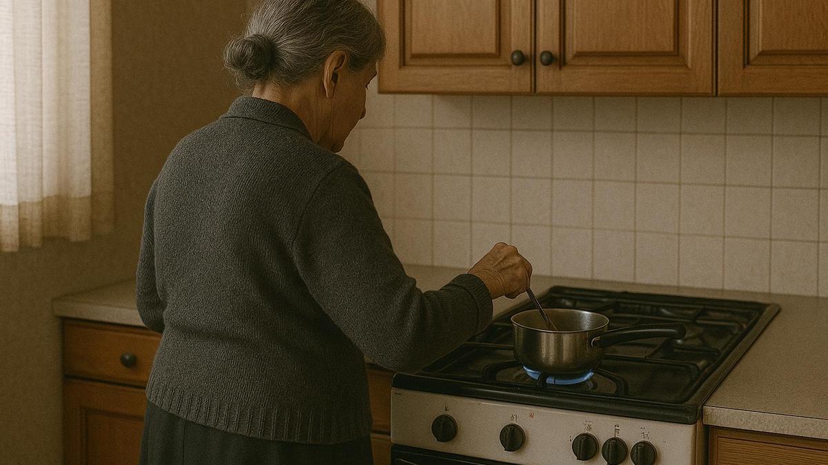 Una anciana cocina su propia comida, que tomará sin compañía.