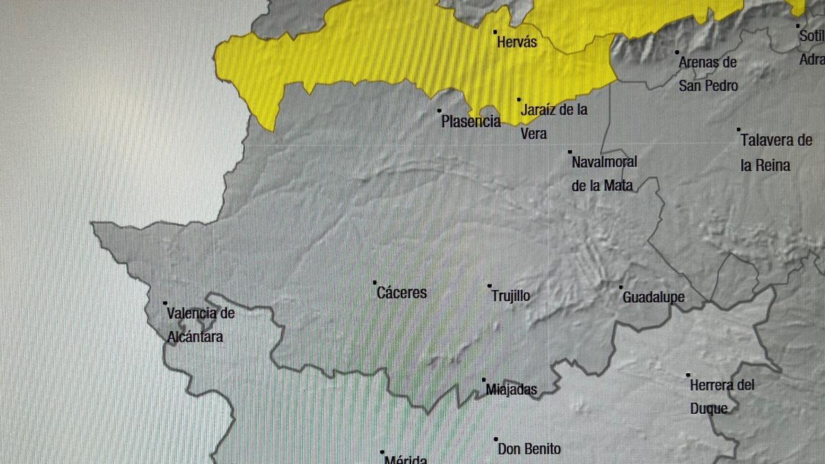 Mapa con la alerta amarilla en el norte de Cáceres.