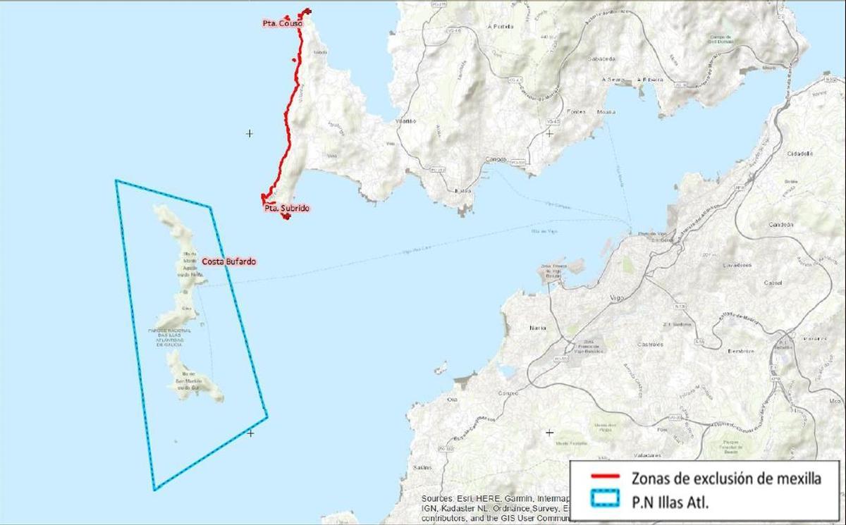 El mapa con las zonas de exclusión para la mejilla en Cangas, que incluye la Costa da Vela, desde Punta Subrido a Punta Couso.