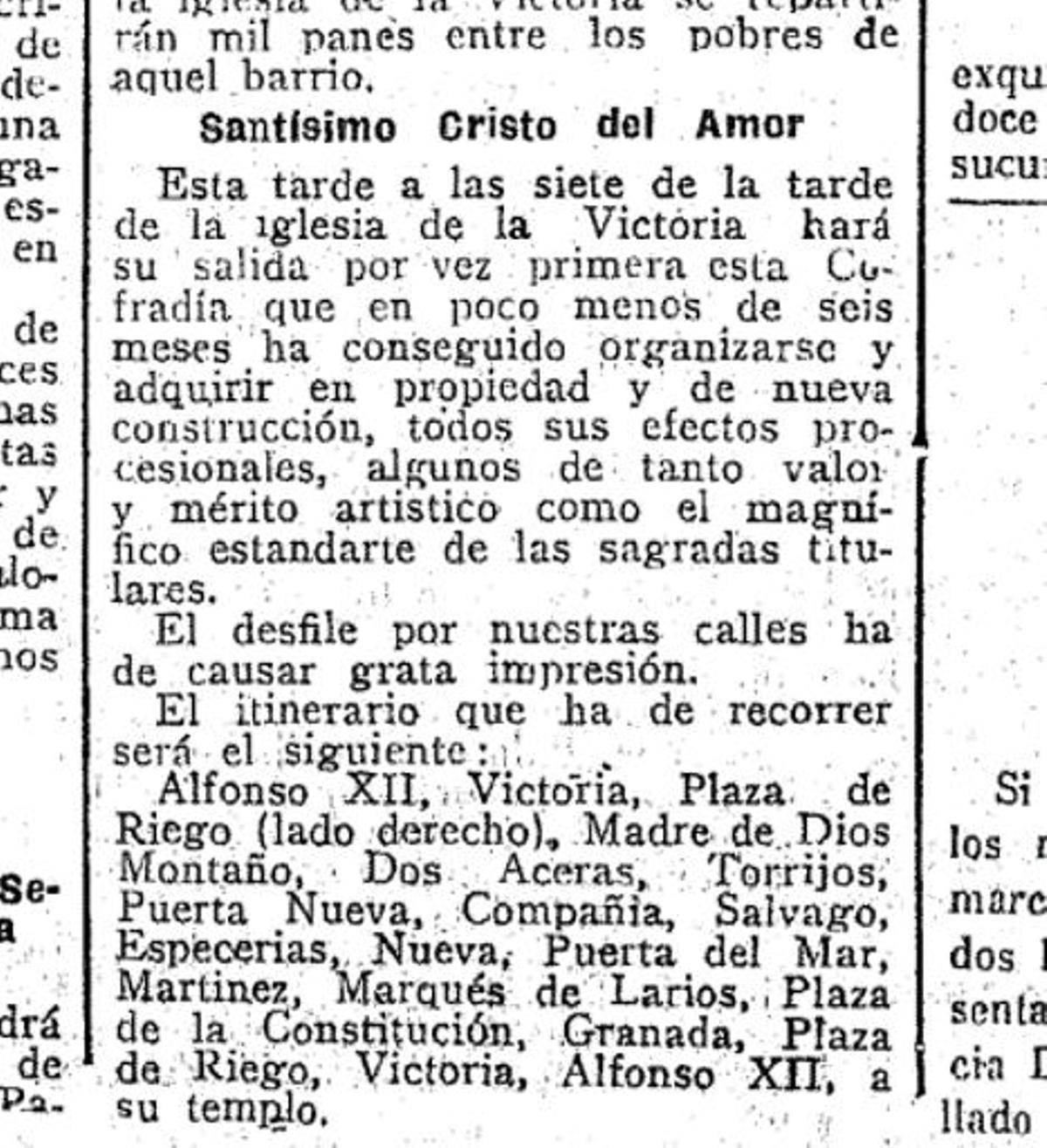 Recorrido realizado en la primera salida procesional del Cristo del Amor en abril de 1924