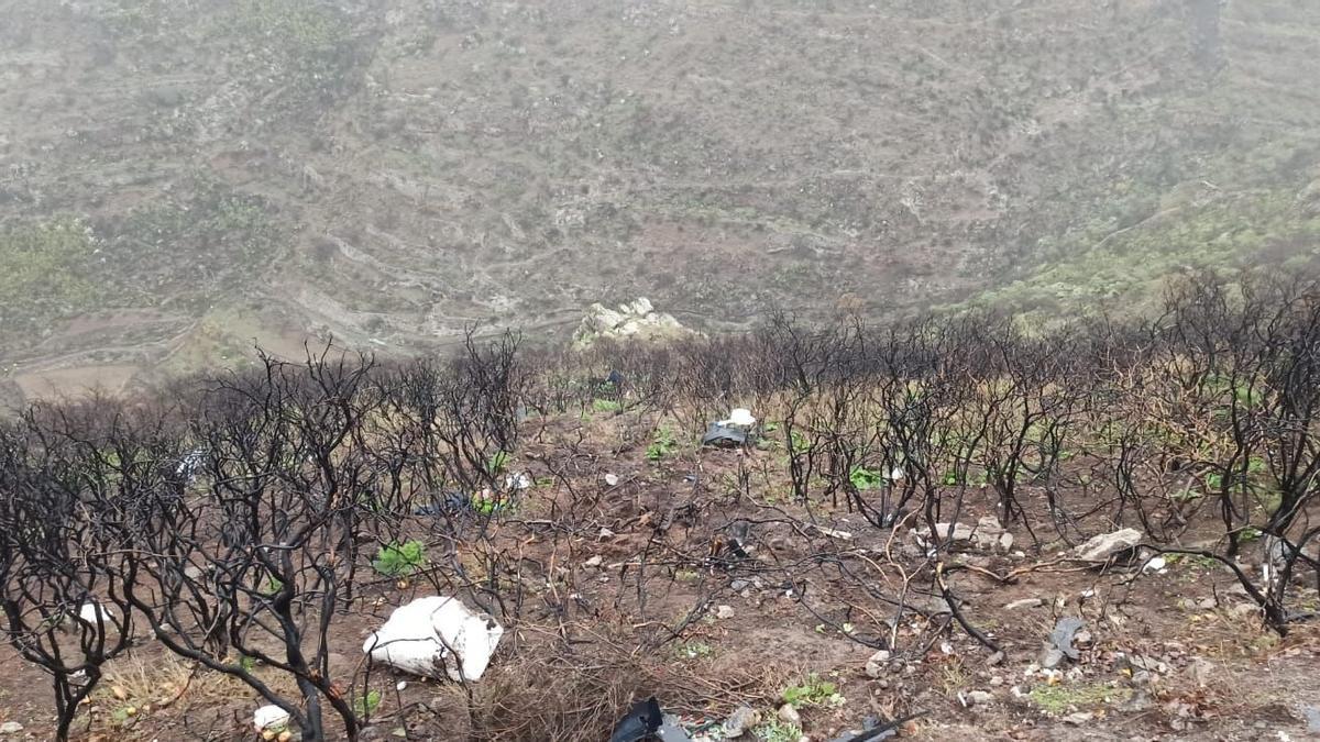 Trabajos para el rescate de un vehículo siniestrado en un barranco de Gáldar