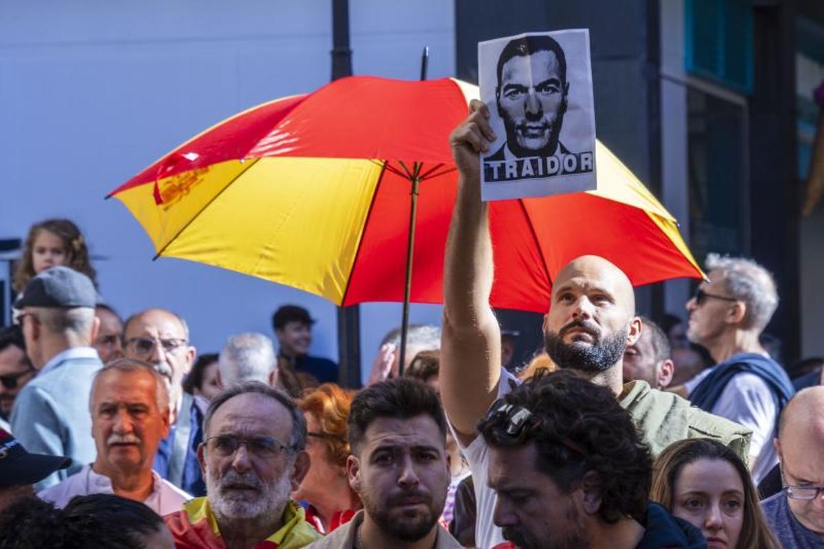 El PP convoca una concentración para defender el Estado de derecho, protestar contra la amnistía y garantizar la igualdad de los españoles, frente a la Delegación del Gobierno en Palma de Mallorca, Baleares, este domingo.