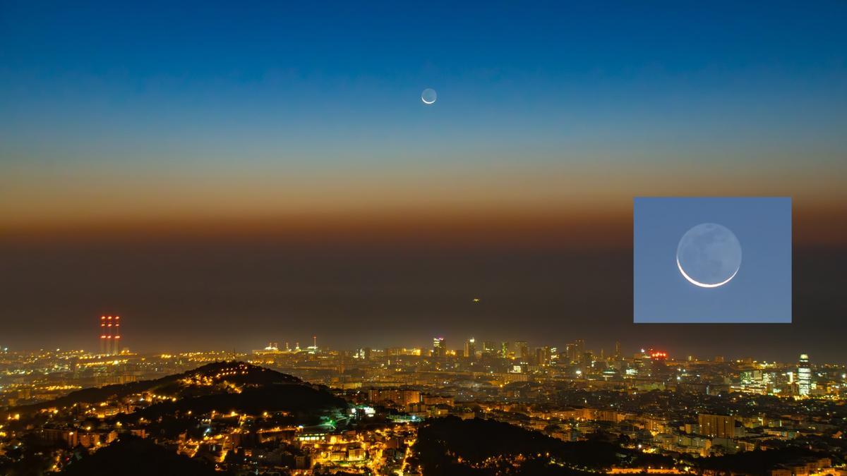 La luna al 2% en el amanecer de Barcelona