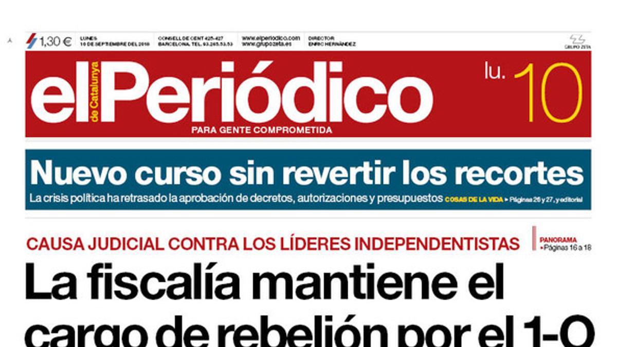 La portada de EL PERIÓDICO DE CATALUNYA del lunes, 10 de septiembre dle 2018