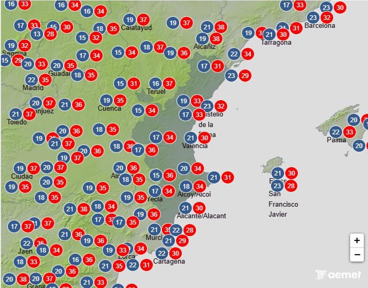 Máximas y mínimas previstas para el sábado en la Comunitat Valenciana.