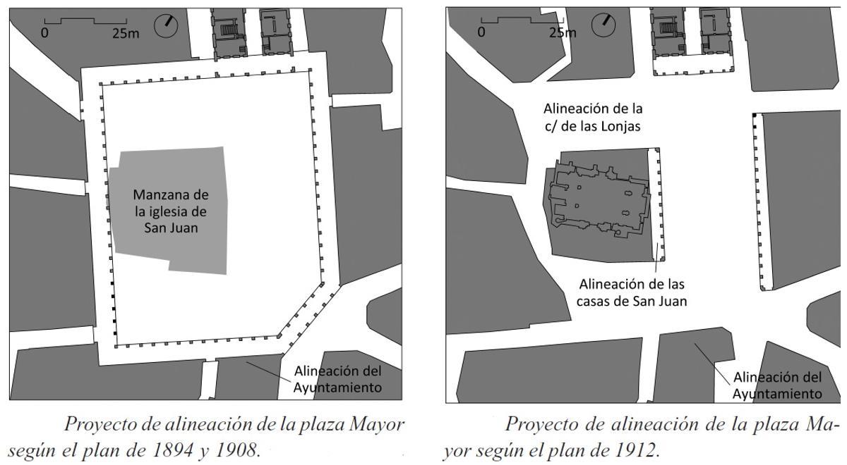 Proyecto de plaza Mayor cuadrada, con el derribo de la iglesia de San Juan y propuesta manteniendo el templo