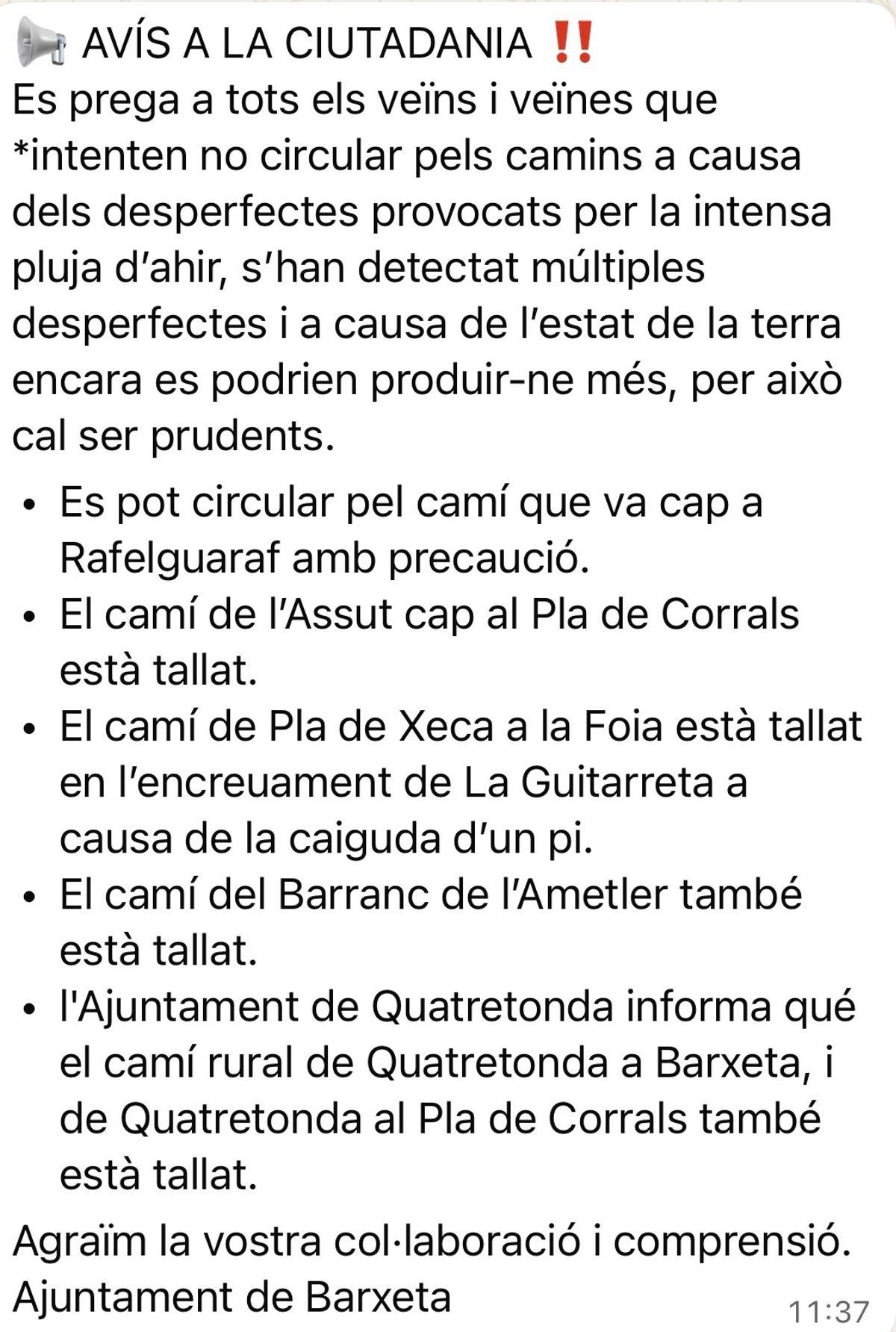 Aviso a la ciudadanía compartido por el Ayuntamiento de Barxeta