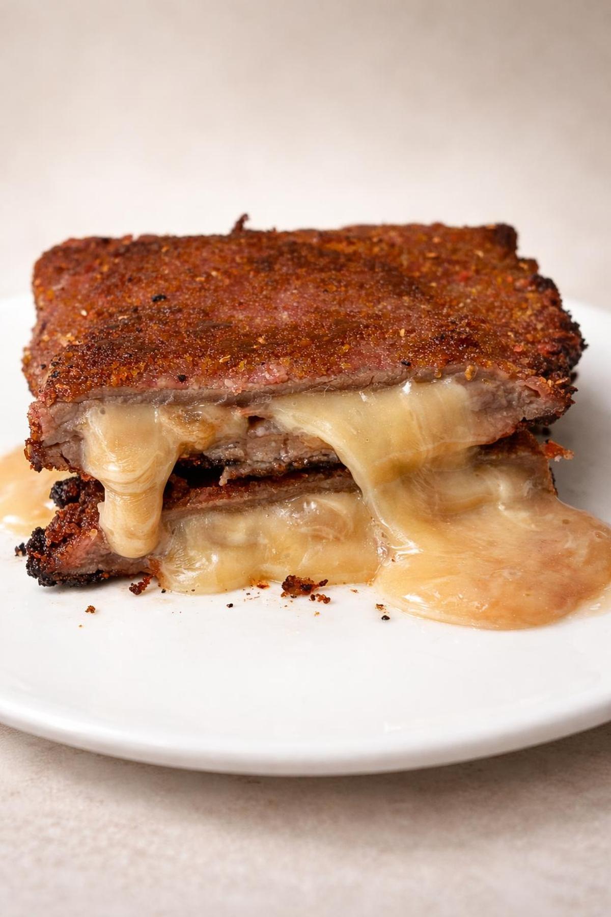 Dos san jacobos recién hechos, con queso fundido cayendo de uno de ellos