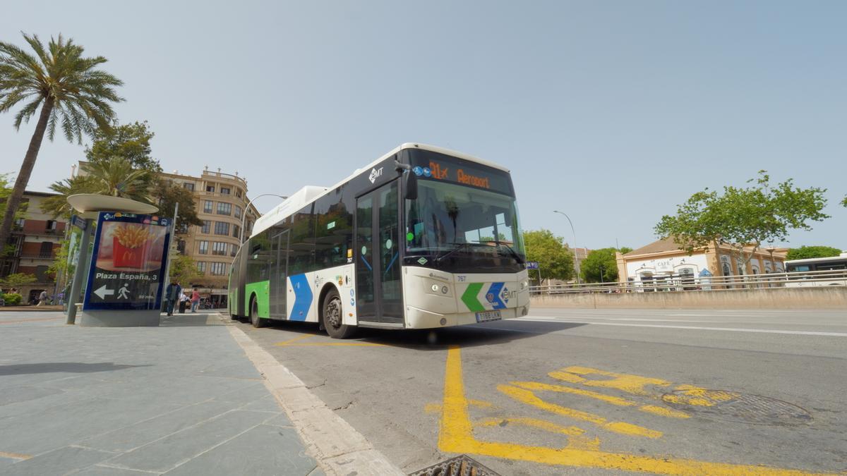 Imagen de una parada del bus en la plaza de España con la gratuidad de los viajes ya en vigor.