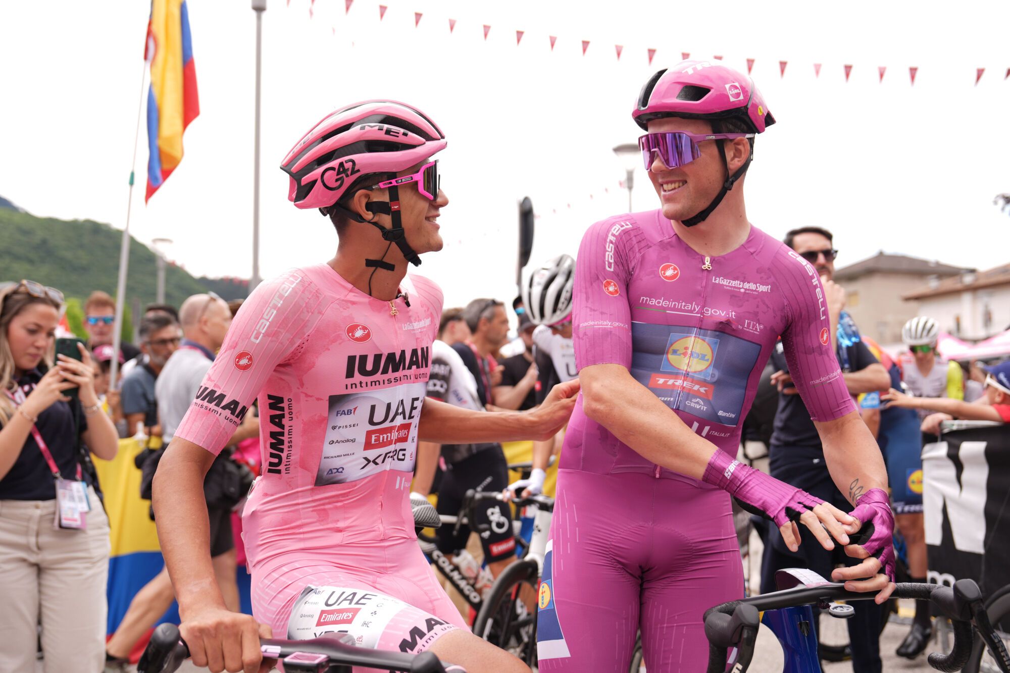 May 28, 2025, San Michele All'adige, Italia: Del Toro Romero Isaac of Uae Team Emirates Xrg, pink jersey, and Pedersen Mads of Lidl-Trek, cyclamen jersey, during the stage 17 of the Giro d'Italia from San Michele all'Adige (Edmund Mach Foundation) to Bormio, Italy - Wednesday, May 28, 2025. Sport - cycling. (Photo by Massimo Paolone/LaPresse),Image: 1004196260, License: Rights-managed, Restrictions: * Bulgaria, Croatia, Czech Republic, France, Hungary, Italy, Romania, Slovak Republic, Serbia and Slovenia Rights Out *, Model Release: no, Credit line: Massimo Paolone / Zuma Press / ContactoPhoto Editorial licence valid only for Spain and 3 MONTHS from the date of the image, then delete it from your archive. For non-editorial and non-licensed use, please contact EUROPA PRESS. 28/05/2025 ONLY FOR USE IN SPAIN. Massimo Paolone / Zuma Press / ContactoPhoto;Press;LP_23410524.jpg;20250528_zsa_z19_047.jpg;Stage 17 of the Giro d'Italia;