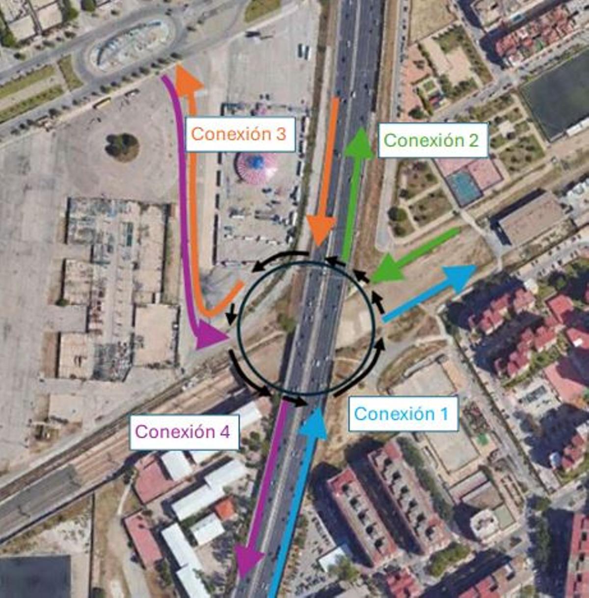 Imagen de un estudio municipal con cuatro alternativas de conexión entre la MA-20 y el Bulevar Adolfo Suárez.