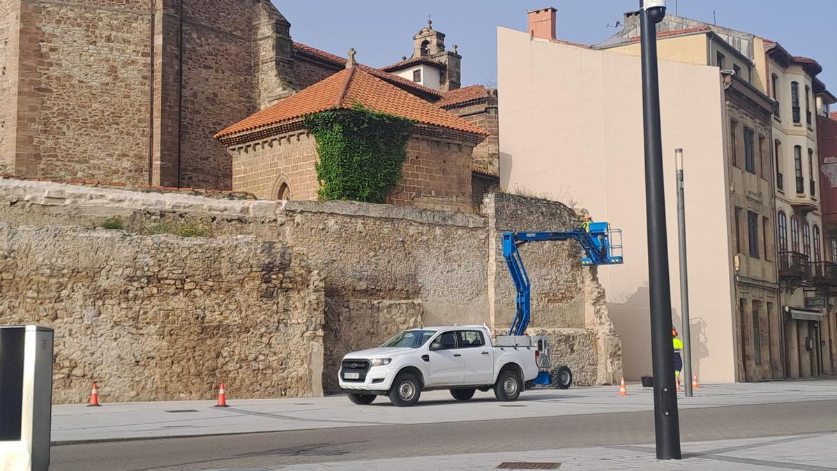 Labores de limpieza en la muralla de Avilés